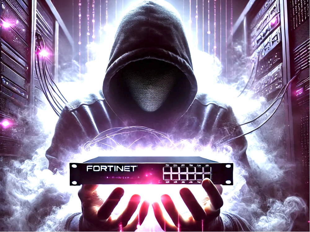 Hooded Hacker Holding a Fortninet Module