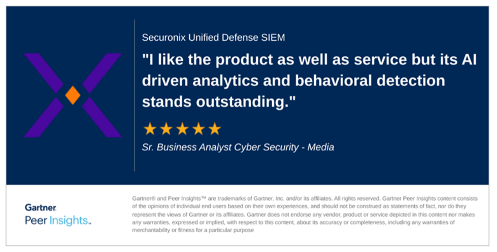 Gartner Peer Insights Testimonial - 5 star rating for securonix unified defense siem.